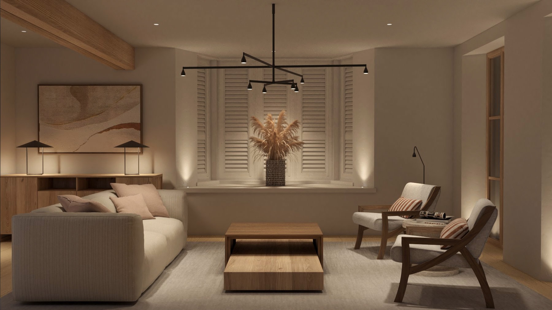 a living room with sofas, chairs and tables
