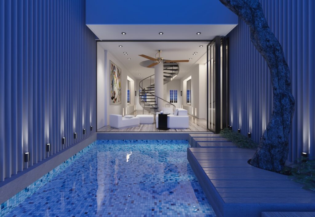 a blue indoor swimming pool