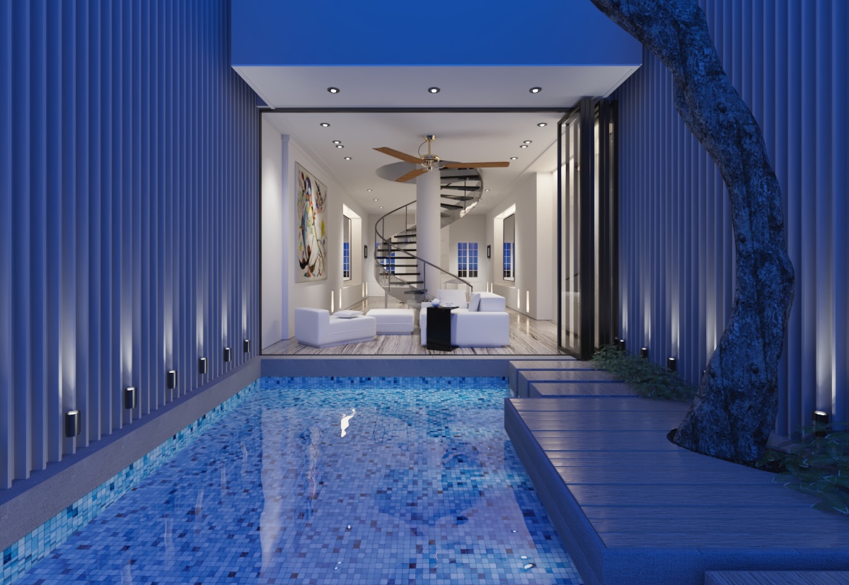 a blue indoor swimming pool