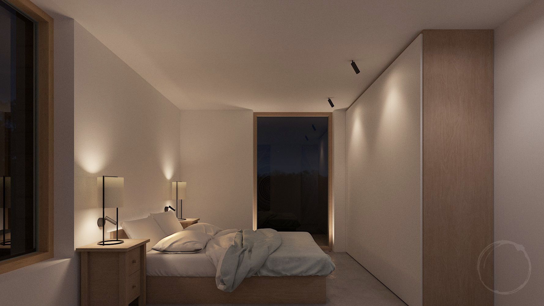 A bedroom with a messy double bed in the centre