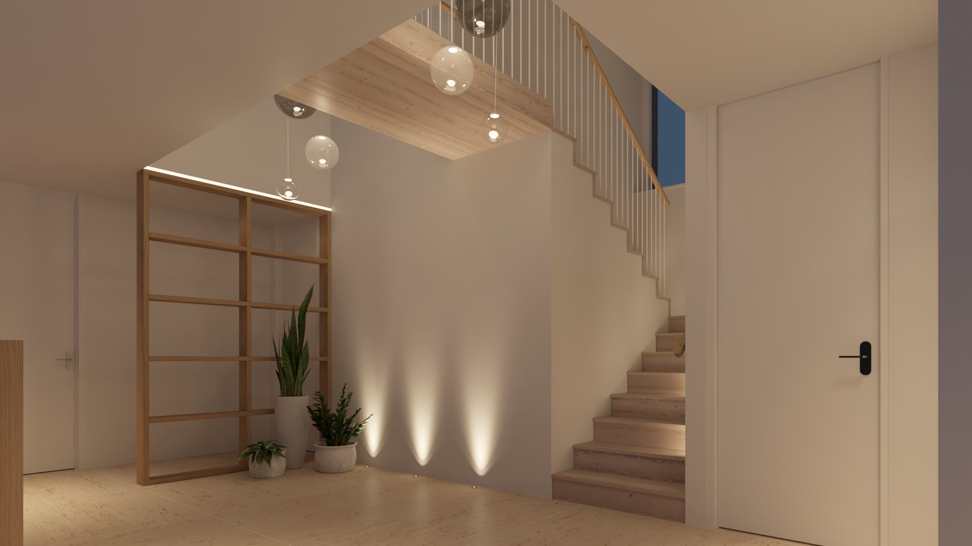 a beautiful stair way with cream walls and wooden steps. Perfectly light