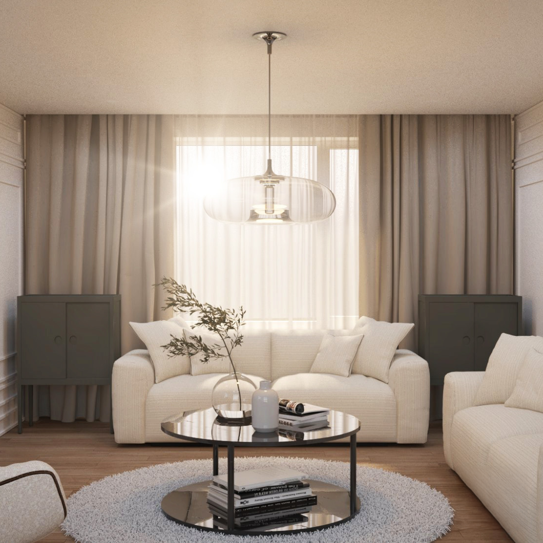 A cream and black living room complete with sofas
