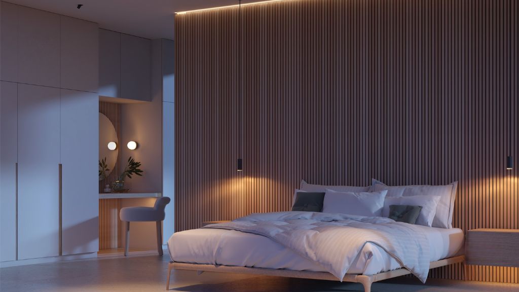 A bed with cold blue lighting