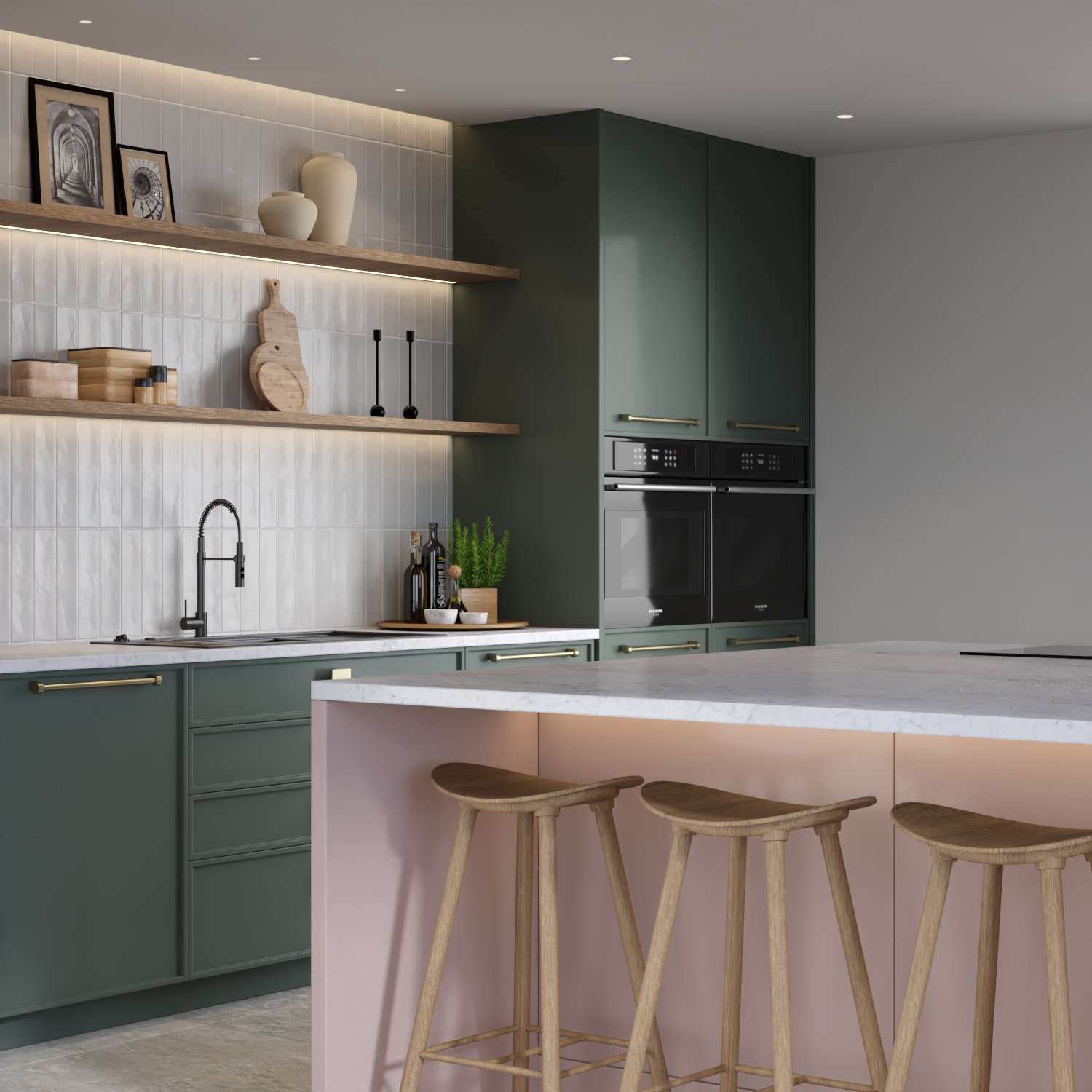 A picture of a green kitchen with no depth of field
